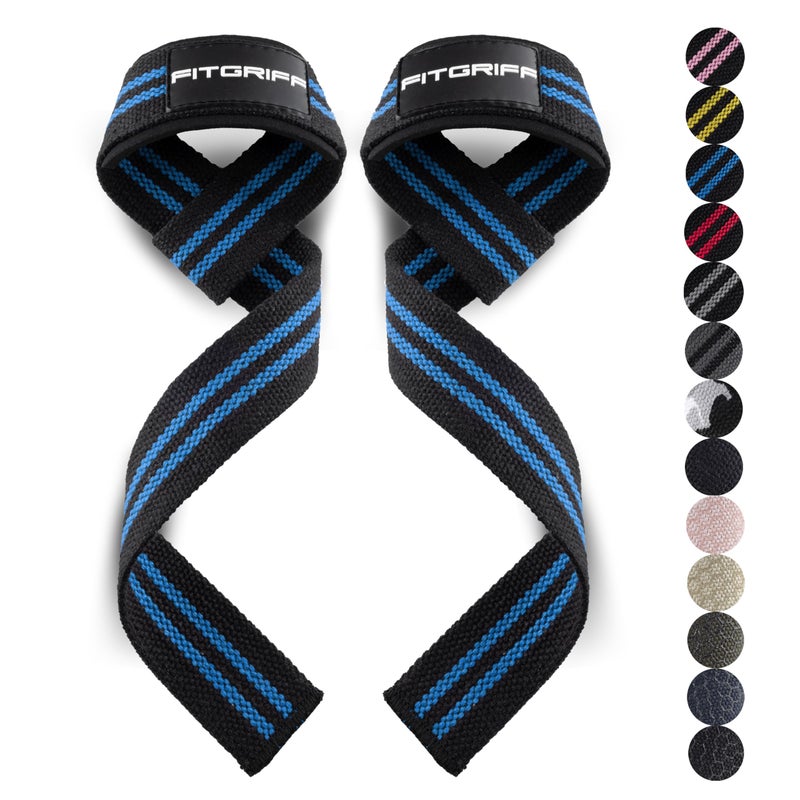 FitgriffÂ® Lifting Wrist Straps for Weightlifting, Gym, Deadlift, Workout (Made of Premium Cotton & Padded) - Men & Women (Standard, Black/Blue) - Image 1